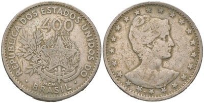 Бразилия 400 реалов 1901 MCMI, голова свободы вправо KM 505 медно-никель 4612-436