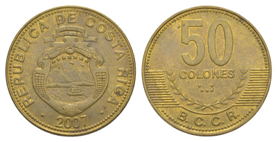 Коста-Рика 50 колонов 2007 KM 231.1b сталь плакированная латунью aUNC 4631-256