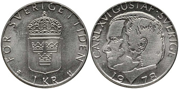Швеция 1 крона 1978 U, Карл XVI Густав (1973- ) КМ 852 медь плакированная медно-никелем 202-521