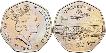 Остров Мэн 50 пенсов 1985 АА, Christmas, самолёт KM 158 медно-никель UNC 4583-642