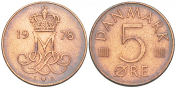 ДАНИЯ 5 ЭРЕ 1978 S; B, МАРГРЕТЕ II (1972-) KM 859.1 железо плакированное медью 3309-126