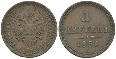Австрия 1 крейцер 1851 A, Франц Иосиф I (1848-1916) KM 2185 медь 4641-645
