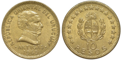 Уругвай 10 песо 1965 KM 48 алюминиевая бронза 4574-633