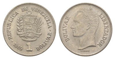 Венесуэла 1 боливар 1989 Симон Боливар, тонкий шрифт Y 52a.1 сталь плакированная никелем 4589-625