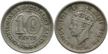 Британская Малайя 10 центов 1948 Георг VI (1937-1952) KM 8 медно-никель 4549-629