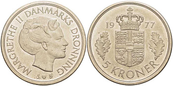 ДАНИЯ 5 КРОН 1977 S; B, МАРГРЕТЕ II (1972-) KM 863.1 медно-никель 38-516