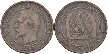 ФРАНЦИЯ 10 САНТИМОВ 1855 MA, НАПОЛЕОН III (1852-1870) KM 771.6, LE FRANC 133.29 бронза 38-1141