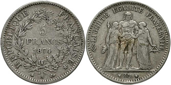 Франция 5 франков 1874 А, Геракл с богинями равенства и братства KM 820.1 серебро 633-1143
