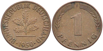 ФРГ 1 ПФЕННИГ 1950 F KM 105, J. 380 сталь плакированная медью 116-351