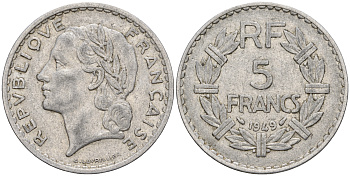 Франция 5 франков 1949 тип Лаврийе KM 888b.1, Le Franc 339.17 алюминий 221-416