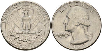 США 25 центов (квотер) 1965 Вашингтон KM 164а медь плакированная медно-никелем    4606-637