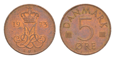 Дания 5 эре 1973 S, Маргрете II (1972-2024) KM 859 железо плакированная медью 4639-812