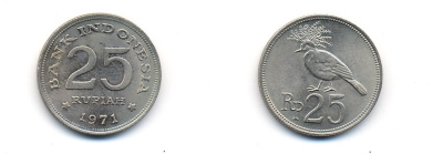 Индонезия 25 рупий 1971 венценосный голубь KM 34 медно-никель UNC 23-1431
