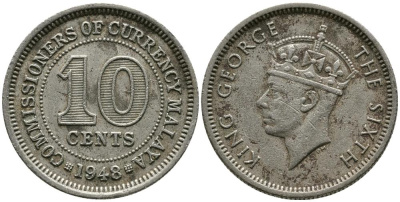 Британская Малайя 10 центов 1948 Георг VI (1937-1952) KM 8 медно-никель 4549-629