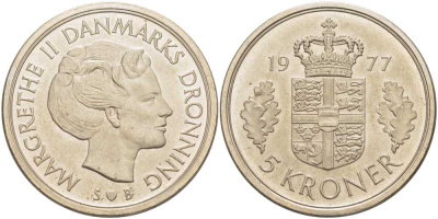ДАНИЯ 5 КРОН 1977 S; B, МАРГРЕТЕ II (1972-) KM 863.1 медно-никель 38-516