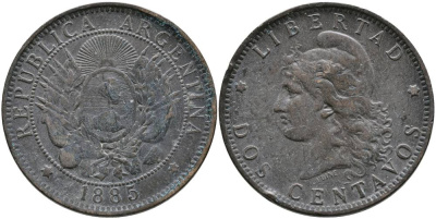 Аргентина 2 сентаво 1885 голова свободы влево KM 8 бронза 4531-534
