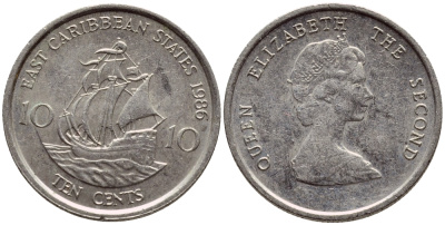 Восточно-Карибские штаты 10 центов 1986 Елизавета II (1952-2022), парусник KM 13 медно-никель 4396-614