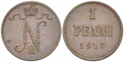 РОССИЯ ДЛЯ ФИНЛЯНДИИ 1 ПЕННИ 1915 НИКОЛАЙ II KM 13, Биткин 475 медь 261-1151