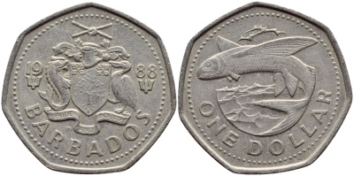 Барбадос 1 доллар 1988 летучая рыба KM 14.2 медно-никель 4398-251