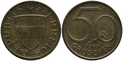 АВСТРИЯ 50 ГРОШЕЙ 1980 KM 2885 алюминиевая бронза 33-414