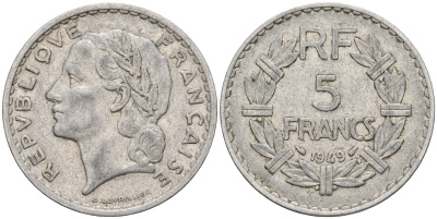 Франция 5 франков 1949 тип Лаврийе KM 888b.1, Le Franc 339.17 алюминий 221-416