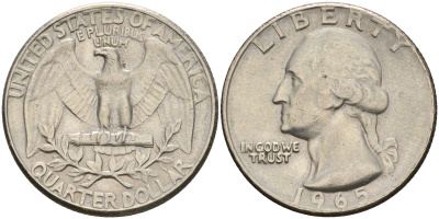 США 25 центов (квотер) 1965 Вашингтон KM 164а медь плакированная медно-никелем    4606-637