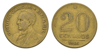 Бразилия 20 сентаво 1946 Жетулиу Варгас KM 556a алюминиевая бронза 4625-945