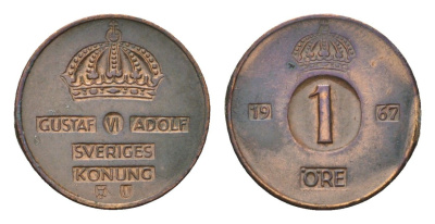 Швеция 1 эре 1967 U, Густав VI Адольф (1950-1973) KM 820 бронза 4685-552