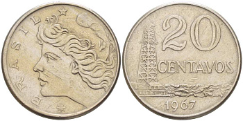 Бразилия 20 сентаво 1967 голова Свободы влево KM 579.1, Schon 84 медно-никель 4514-947