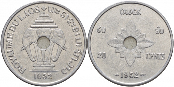 Лаос 20 центов 1952 король Сисаванг Вонг (1904-1959), слоны KM 5 алюминий 4545-442