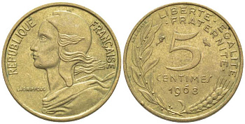 ФРАНЦИЯ 5 САНТИМОВ 1968 ТИП MARIANNE KM 933, LE FRANC 125.4 алюминиевая бронза 116-439