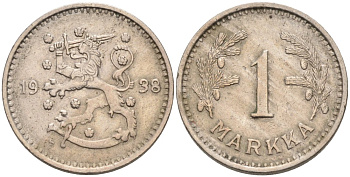 ФИНЛЯНДИЯ 1 МАРКА 1938 S KM 30 медно-никель 4563-641