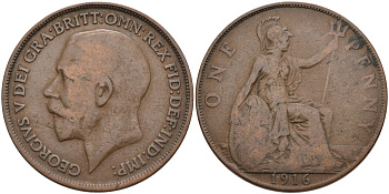 Великобритания 1 пенни 1916 Георг V (1910-1936) KM 810, Spink 4051 бронза 4572-1214