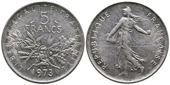 ФРАНЦИЯ 5 ФРАНКОВ 1973 СЕЯТЕЛЬ KM 926a.1, LE FRANC 341.5 медно-никель плакированный никелем 56-732