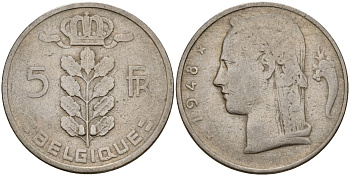Бельгия 5 франков 1948 Belgique KM 134 медно-никель 4156-645