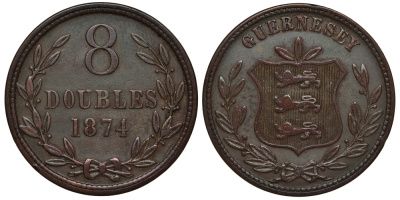 Гернси 8 даблов (дублей) 1874 KM 7 бронза 650-1032