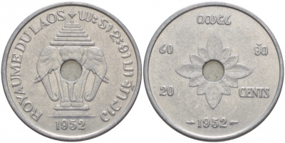 Лаос 20 центов 1952 король Сисаванг Вонг (1904-1959), слоны KM 5 алюминий 4545-442