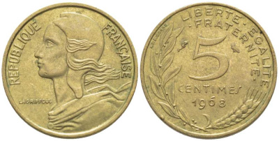 ФРАНЦИЯ 5 САНТИМОВ 1968 ТИП MARIANNE KM 933, LE FRANC 125.4 алюминиевая бронза 116-439