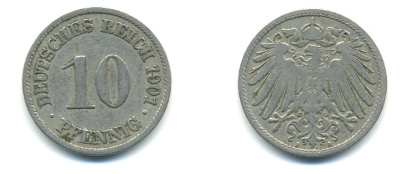 ГЕРМАНИЯ 10 ПФЕННИГОВ 1901 A KM 12, J. 13 медно-никель 4379-833