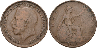 Великобритания 1 пенни 1916 Георг V (1910-1936) KM 810, Spink 4051 бронза 4572-1214