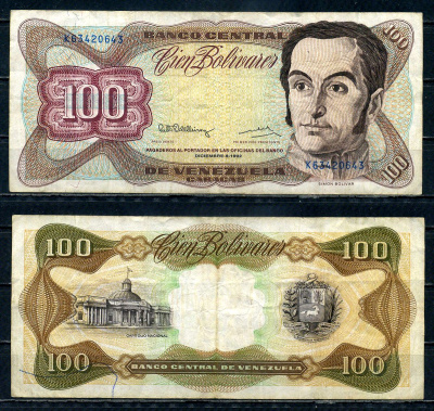 Венесуэла 100 боливаров 1992 серия K, 8 декабря 1992 Pick 66 e бумага 7183-9-1-1