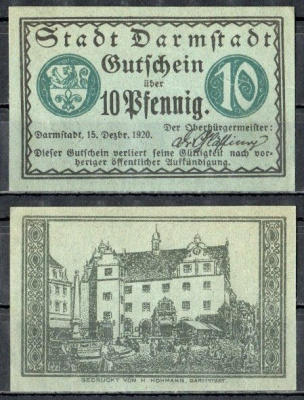 Дармштадт (Гессен) 10 пфеннигов 1920 Mehl Grabowski D5.5 бумага UNC (пресс) 7555-57-4-2
