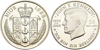 Ниуэ 50 долларов 1988 25 лет со дня смерти Джона Кеннеди (1963-1988) "Я Берлинец" KM 18 серебро PROOF 1095-6-24