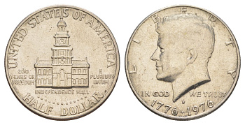 США 1/2 доллара (50 центов) 1976 D, 200 лет независимости, Джон Кеннеди KM 205 медь плакированная медно-никелем aUNC 4565-546