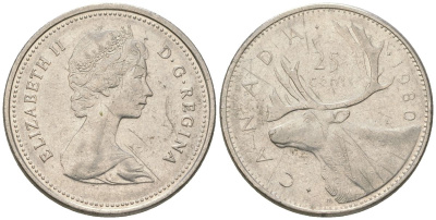 Канада 25 центов 1980 Елизавета II (1952-2022), олень KM 74 никель 4616-754