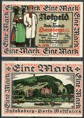 Германия, Хаусберге 1 марка 1921 нотгельд, историческая серия Grabowski 585.1.a  бумага  UNC (пресс) 000-00-00