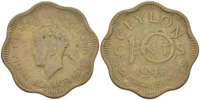 ЦЕЙЛОН 10 ЦЕНТОВ 1944 KM 118 никель латунь 3718-527