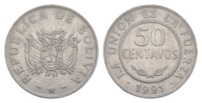 Боливия 50 сентаво 1991 KM 204 нержавеющая сталь 4638-311