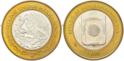 Мексика 100 песо 2005 180 лет Федерации - Южная Нижняя Калифорния KM 725 биметалл, серебро BU 00-1067-7-14