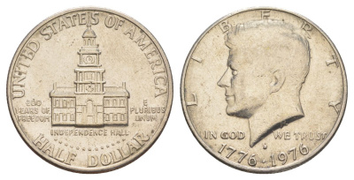 США 1/2 доллара (50 центов) 1976 D, 200 лет независимости, Джон Кеннеди KM 205 медь плакированная медно-никелем aUNC 4565-546